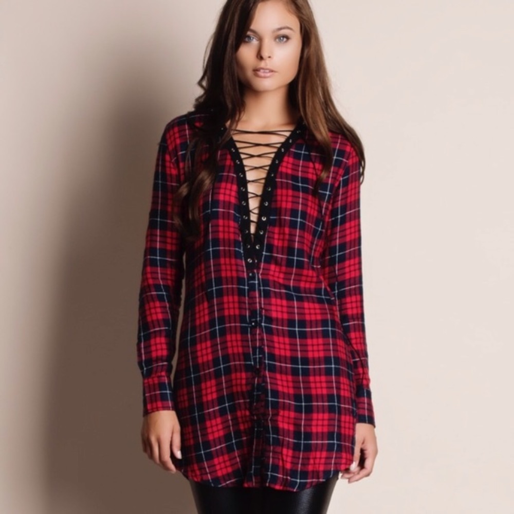 Red/ Black Plaid Lace Up Tunic Top Size Small